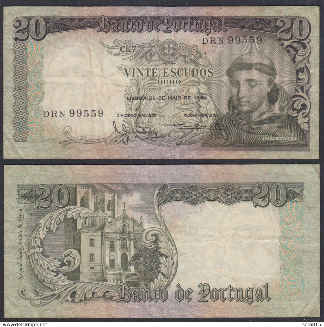 Portugal - 20 Escudos Banknote 26.5.1964 Pick 167b F (4)    (27759 - Portugal
