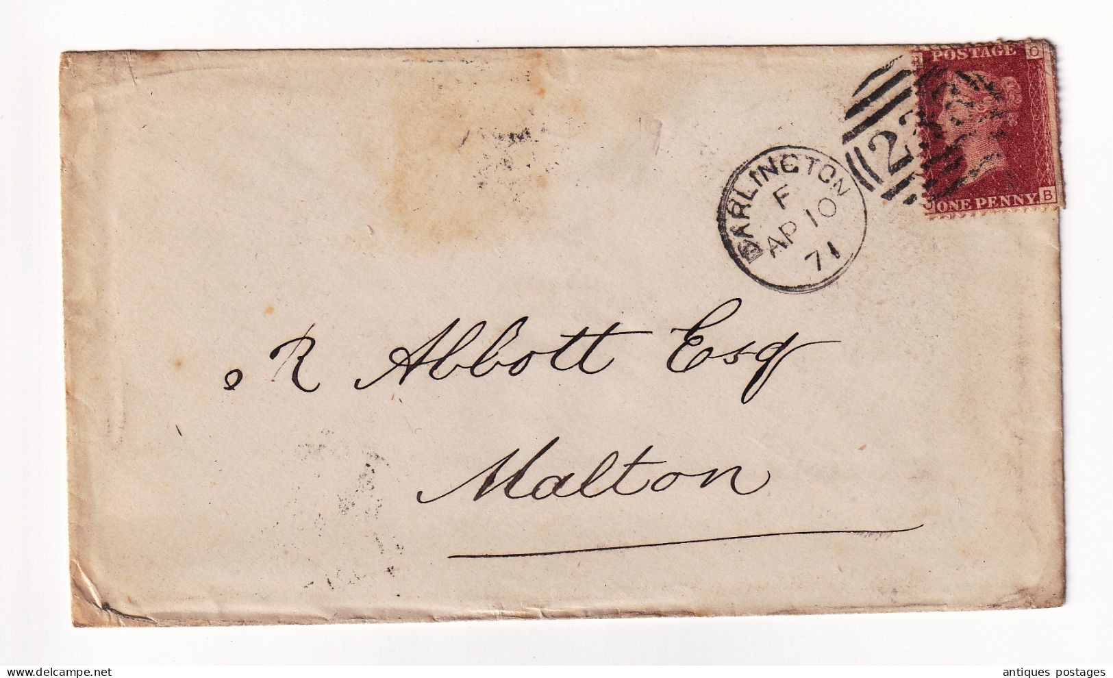 Lettre 1871 Angleterre 1 Penny Queen Victoria Darlington Ord & Maddison Malton - Covers & Documents