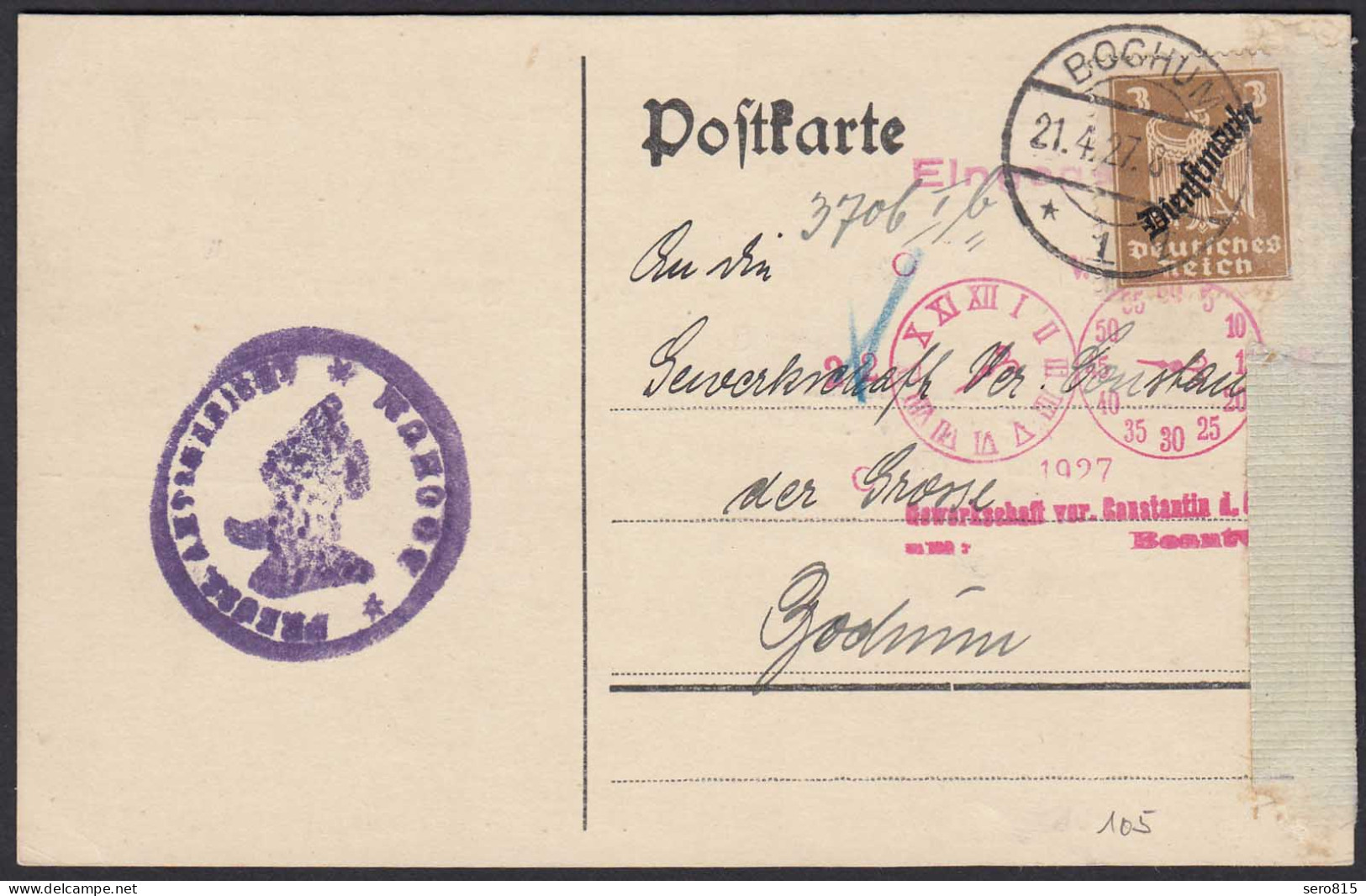 Amtsgericht Bochum 1927 Dienst-Ortskarte EF 3 Pfg. Mi.D105 Grundbuchsache (21687 - Autres & Non Classés