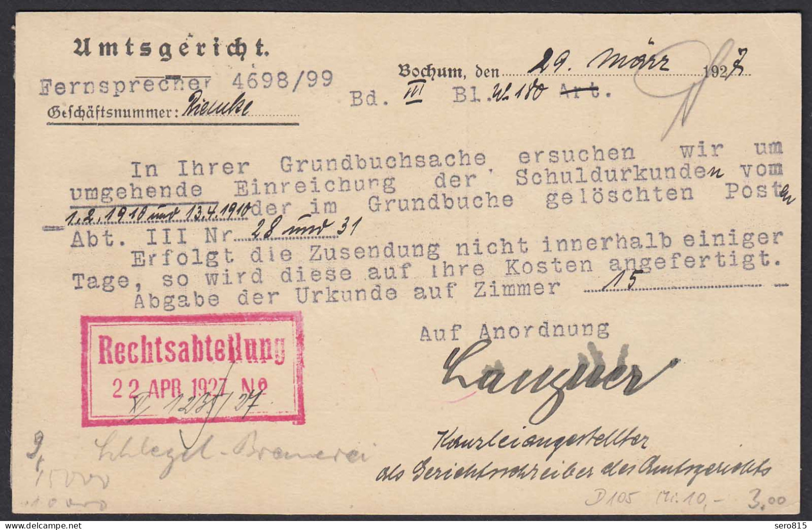 Amtsgericht Bochum 1927 Dienst-Ortskarte EF 3 Pfg. Mi.D105 Grundbuchsache (21687 - Altri & Non Classificati