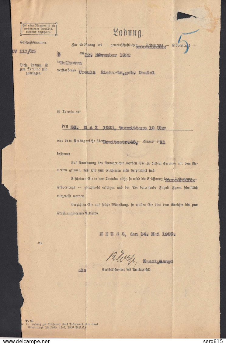 Amtsgericht Neuss Dienstbrief 1921 EF Mi.74 Ladung Testament Eröffnung   (21693 - Altri & Non Classificati