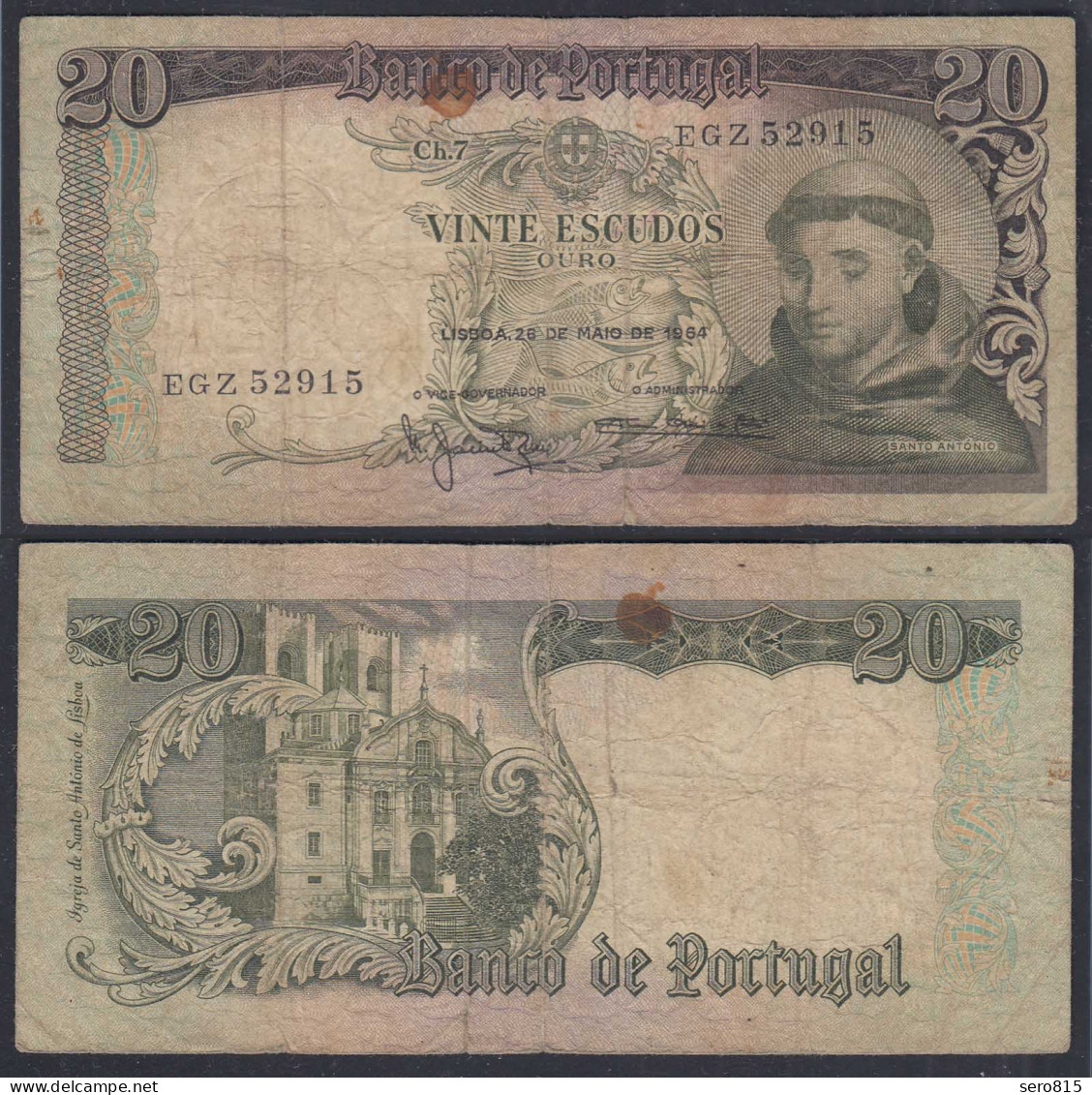 Portugal - 20 Escudos Banknote 1964 Pick 167 VG (5)    (27757 - Portugal