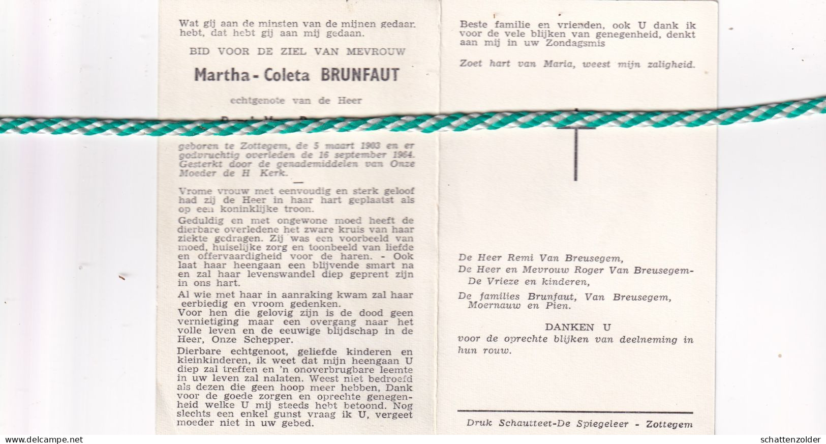 Martha Coleta Brunfaut-Van Breusegem, Zottegem 1903, 1964 - Obituary Notices