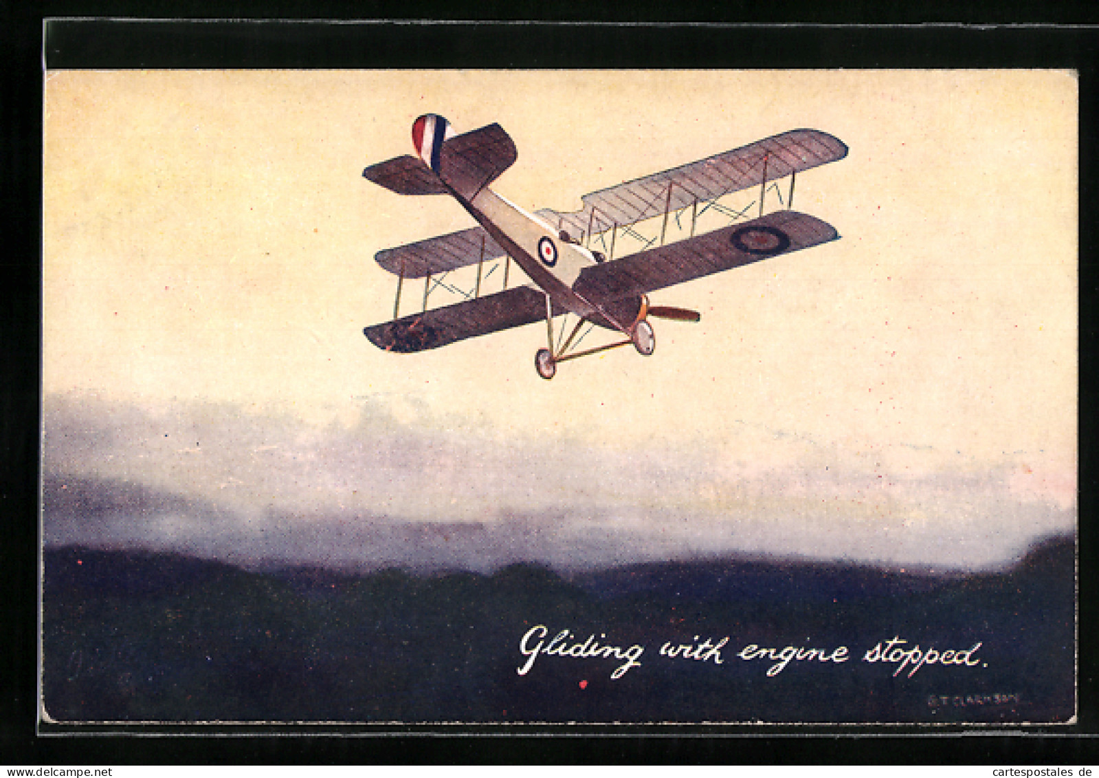 Künstler-AK Britisches Doppeldecker-Flugzeug Gleitet Mit Gestopptem Motor  - 1914-1918: 1st War