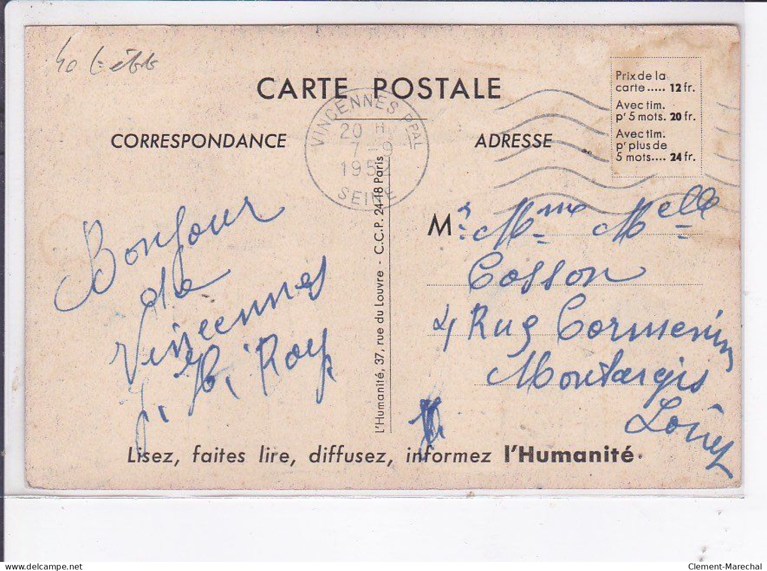 PUBLICITE : Fête De L'Humanité Au Bois De Vincennes En 1952 (Jean Eiffel) - état - Werbepostkarten