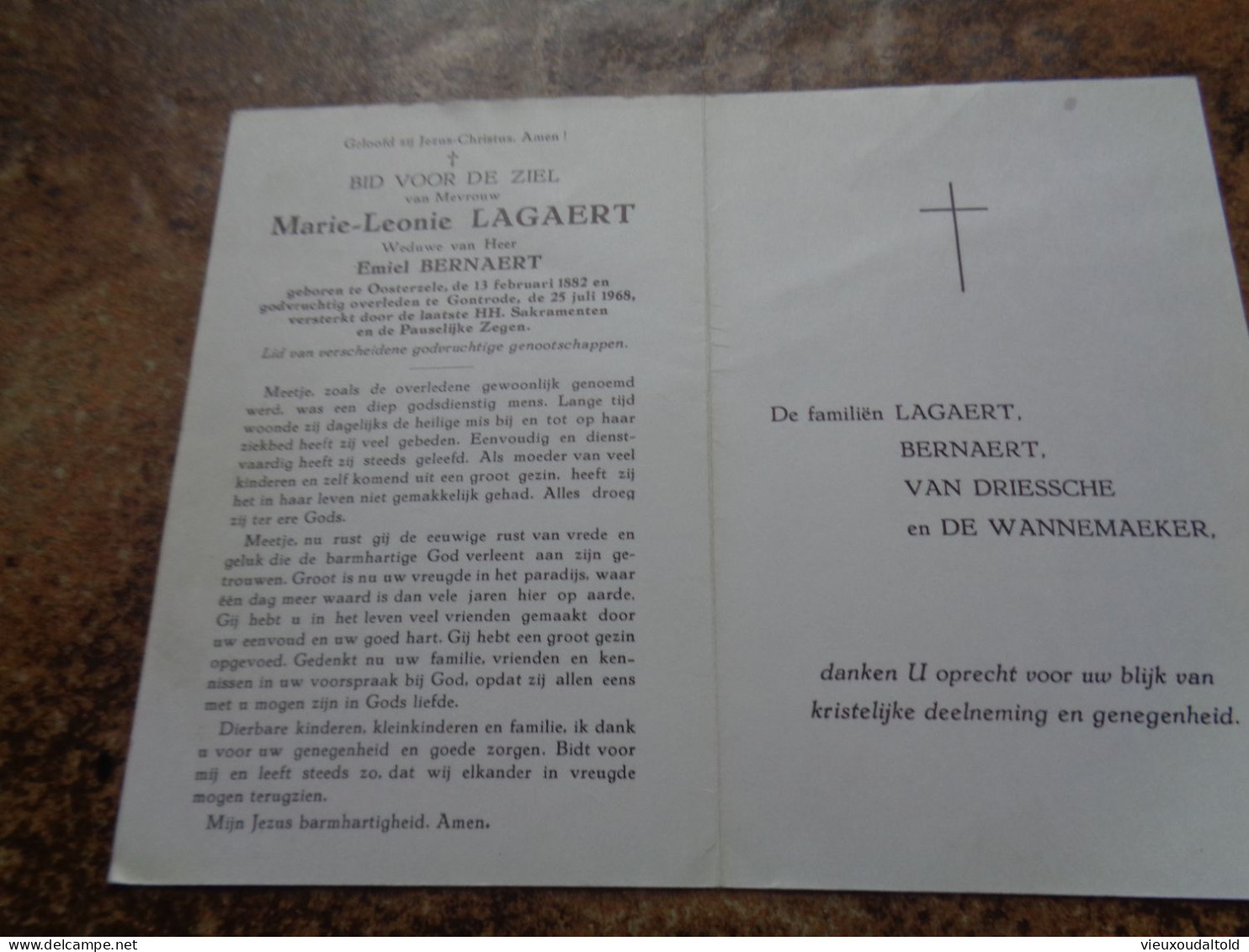 Doodsprentje/Bidprentje  Marie-Leonie LAGAERT   Oosterzele 1882-1968 Gontrode  (Wwe Emiel BERNAERT) - Religion & Esotérisme