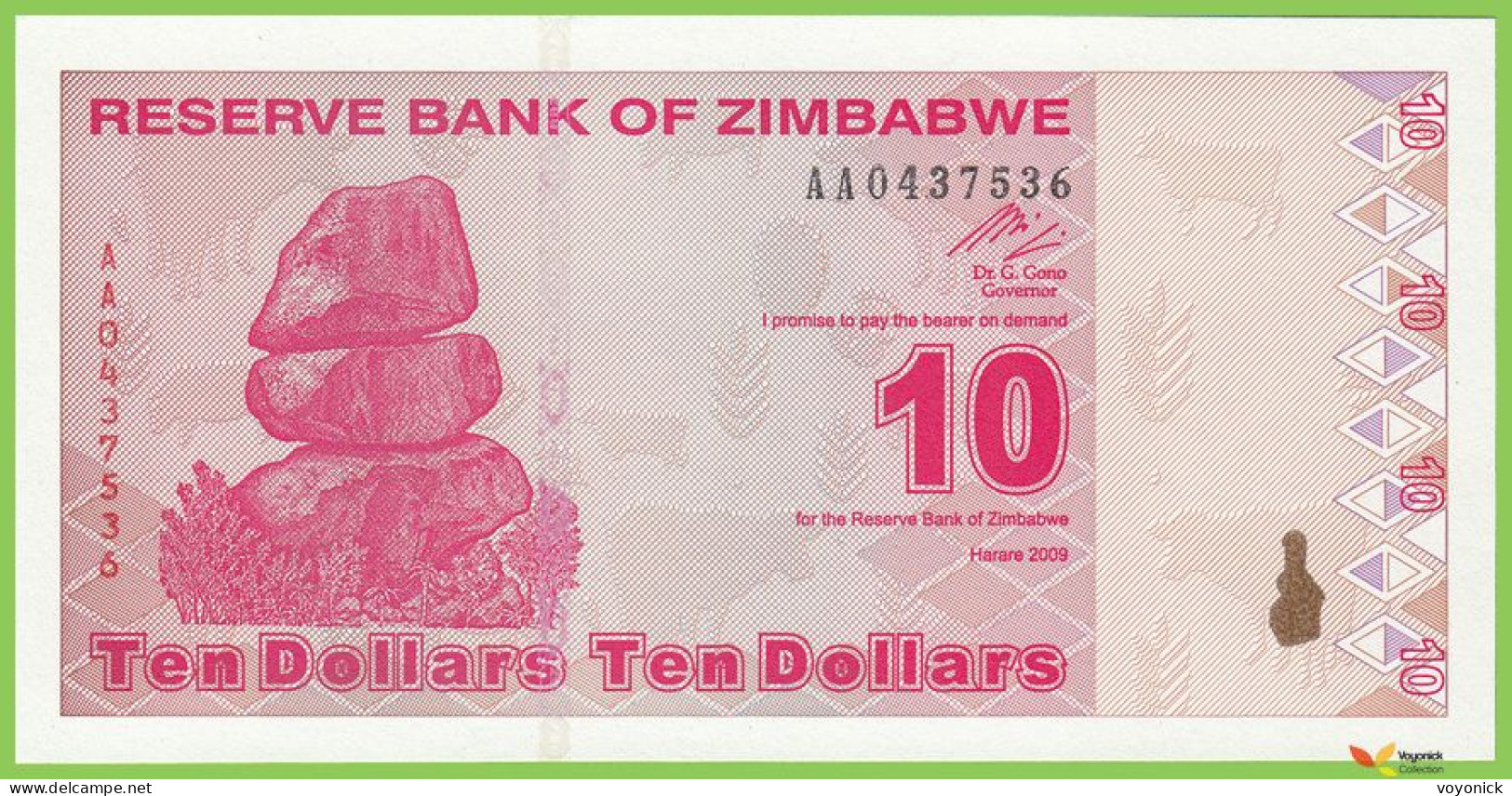 Voyo ZIMBABWE 10 Dollars 2009 P94 B185a AA UNC - Simbabwe