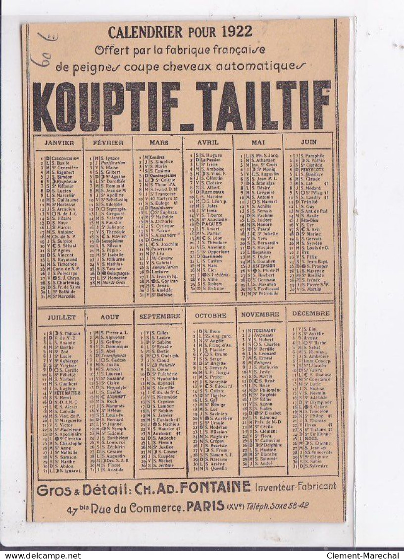 PUBLICITE : Kouptif Et Tailtif - Coupez Vous-même Vos Cheveux - (calendrier Format Cpa) Très Bon état - Publicité