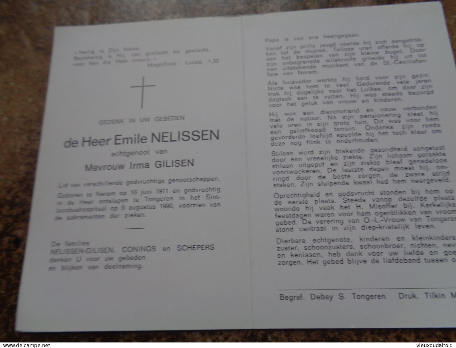 Doodsprentje/Bidprentje   Emile NELISSEN   Nerem 1911-1990 Tongeren  (Echtg Irma GILISEN) - Religion & Esotericism