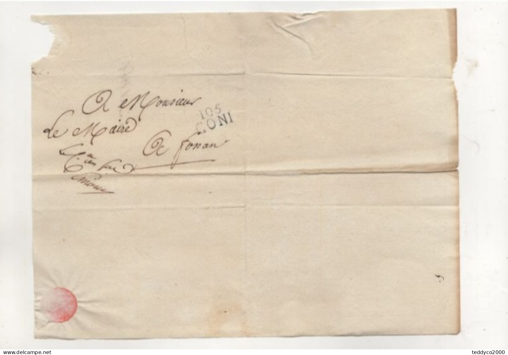 PREFILATELICA DA CUNEO A FOSSANO PERIODO FRANCESE Carta Filigranata "Beinette" Corsivo Timbro CONI 105 Grande - 1. ...-1850 Prephilately