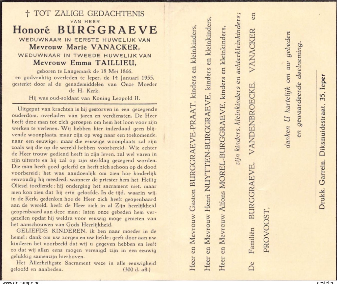 Doodsprentje / Image Mortuaire Honoré Burggraeve - Vanacker - Taillieu - Langemark 1866-1955 - Obituary Notices