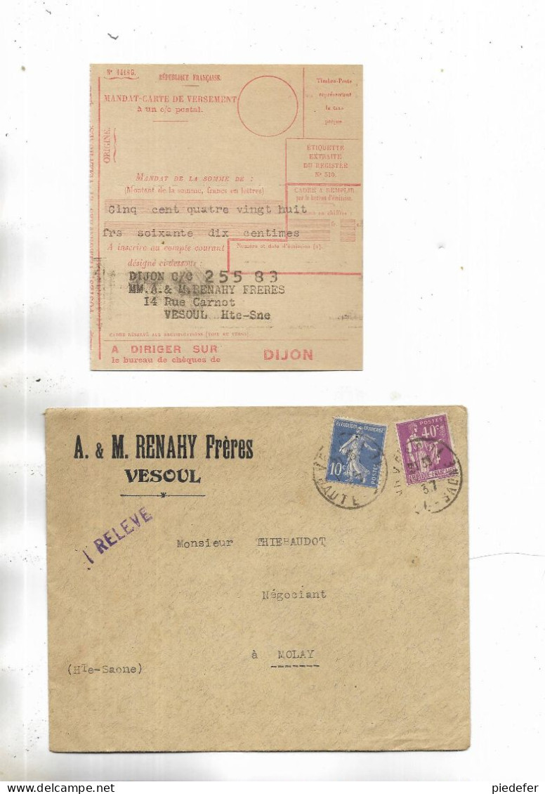 70 - Enveloppe à En-tête " A. & M. RENAHY Frères VESOUL "  Contenant Facture Et Mandat. Voir Les Scans - 1900 – 1949