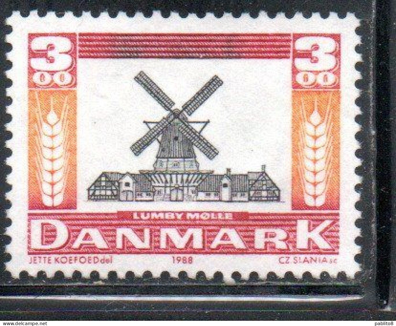 DANEMARK DANMARK DENMARK DANIMARCA 1988 PRESERVATION OF HISTORIC CITIS LUMBY WINDMILL 3k USED USATO OBLITERE' - Used Stamps