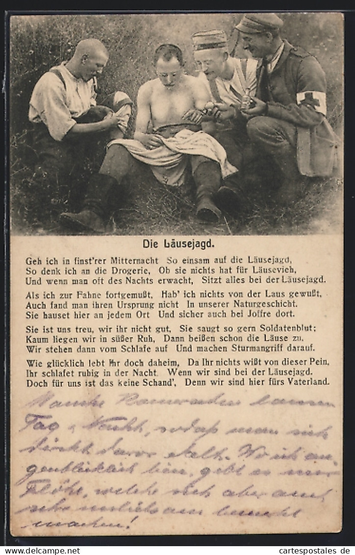 AK Die Läusejagd, Soldaten Mit Sanitäter Beim Lausen, Gedicht  - Insekten