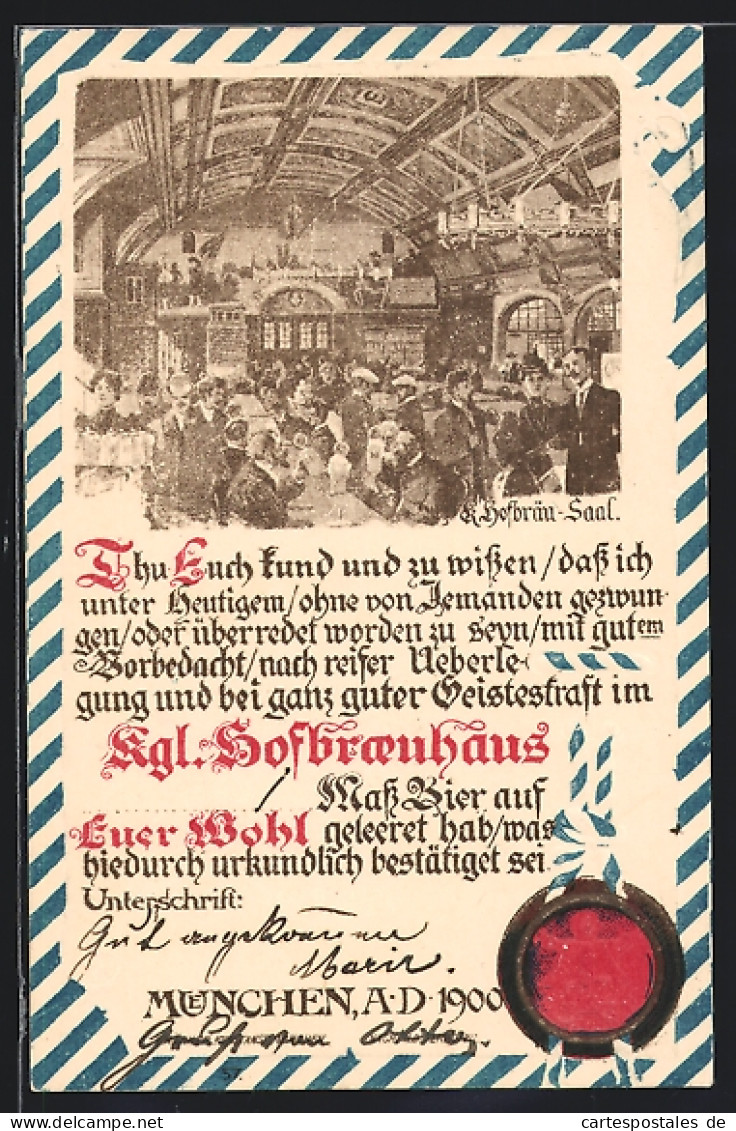 Präge-AK München, Münchner Hofbräuhaus, K. Hofbräu-Saal, Innenansicht, Siegel  - Sonstige & Ohne Zuordnung