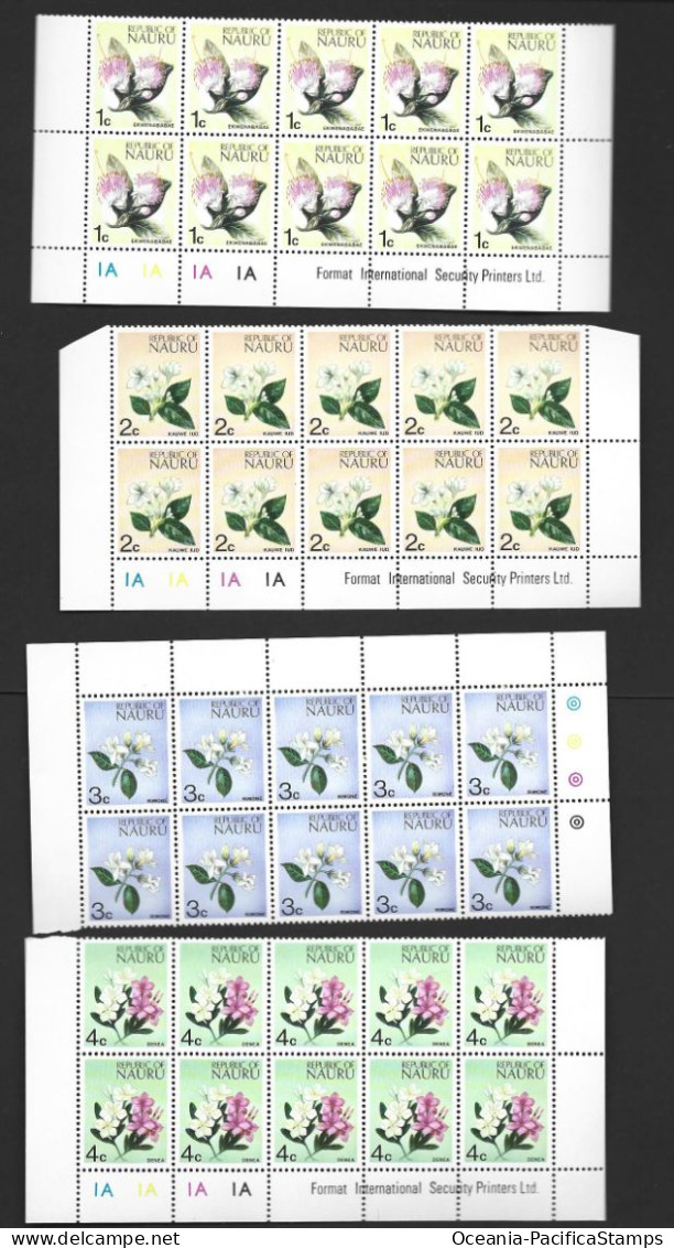 Nauru 1973 Pictorial Definitives Short Set Of 7 Set To 8c In Blocks Of 10 MNH , 6 Are Imprint & Plate Number Blocks - Nauru