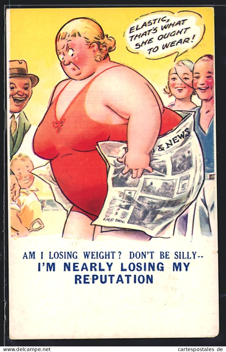 AK Übergewichtige Frau Im Badeanzug Mit Zeitung  - Humour