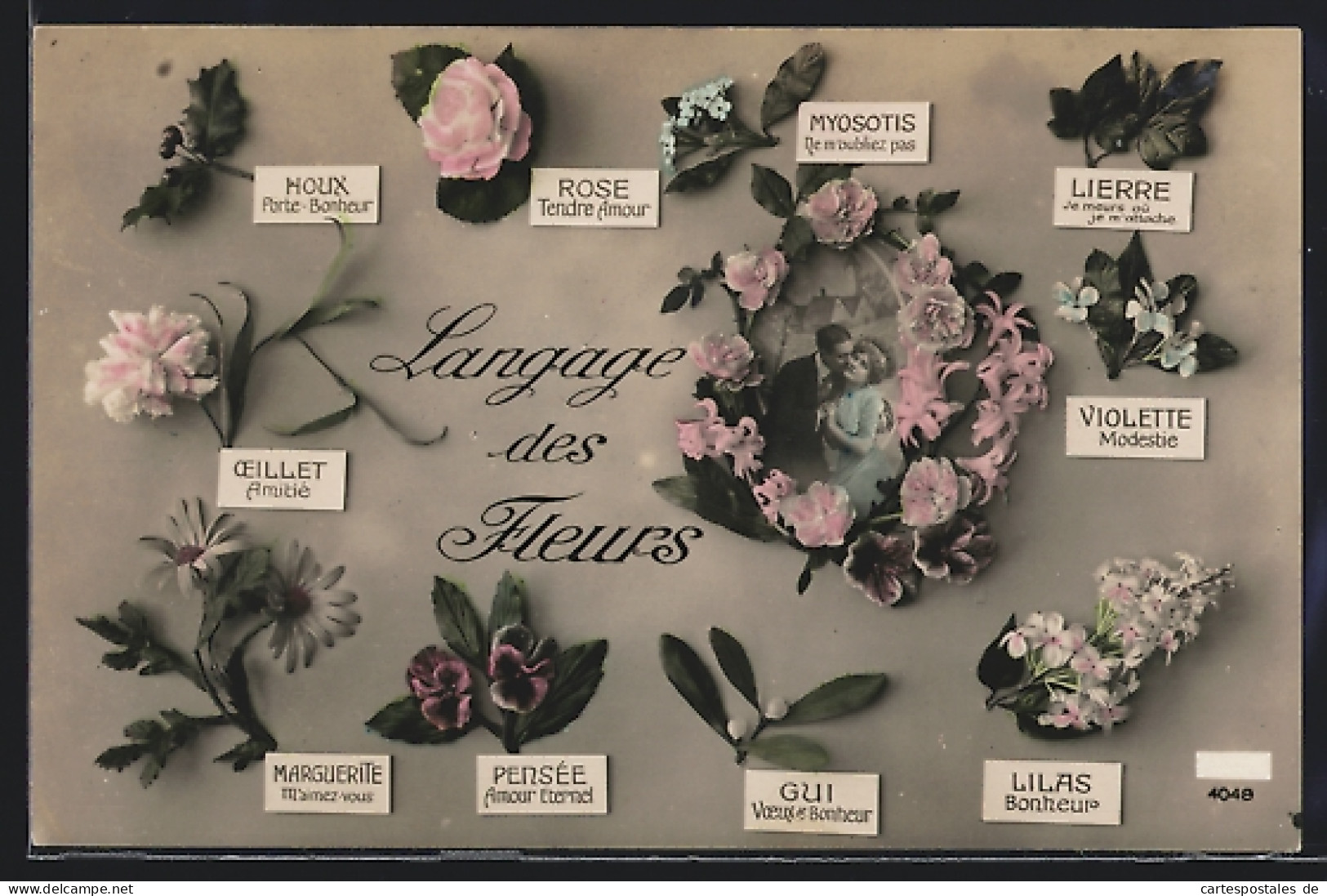 AK Blumensprache, Langage Des Fleurs, Paar Im Rosenkranz  - Sonstige & Ohne Zuordnung