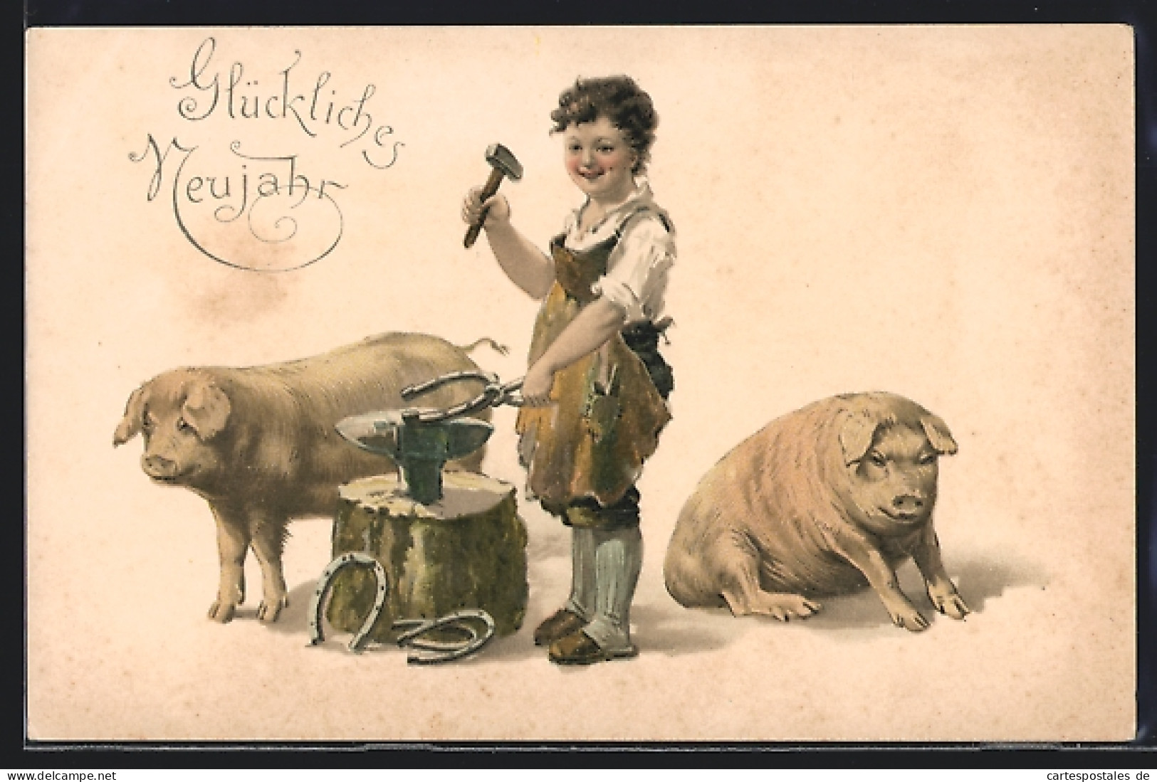 Lithographie Glückliches Neujahr, Kleiner Schmied Und Schweine  - Schweine