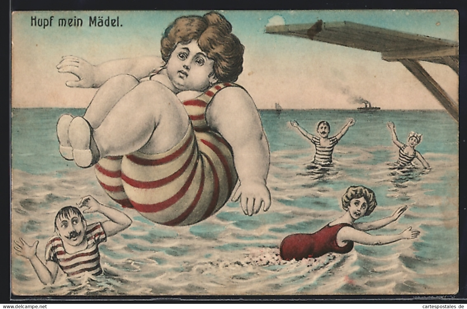AK Übergewichtige Frau Im Badeanzug Springt Ins Wasser  - Humour