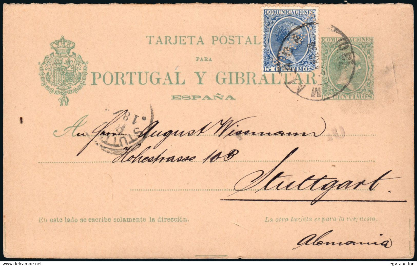 España - Entero Postal - Edi O 35i+215 - Entero Postal Con Sello Perforado "SCHOLTZ" De Málaga A Alemania - 1850-1931