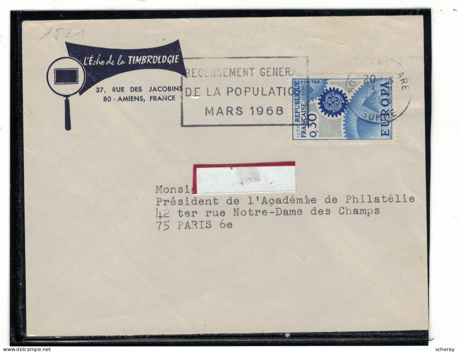 YT 1521 SSL/ AMIENS 13/2/1968 FAG RECENSEMENT GENERAL MARS 1968 - 1961-....