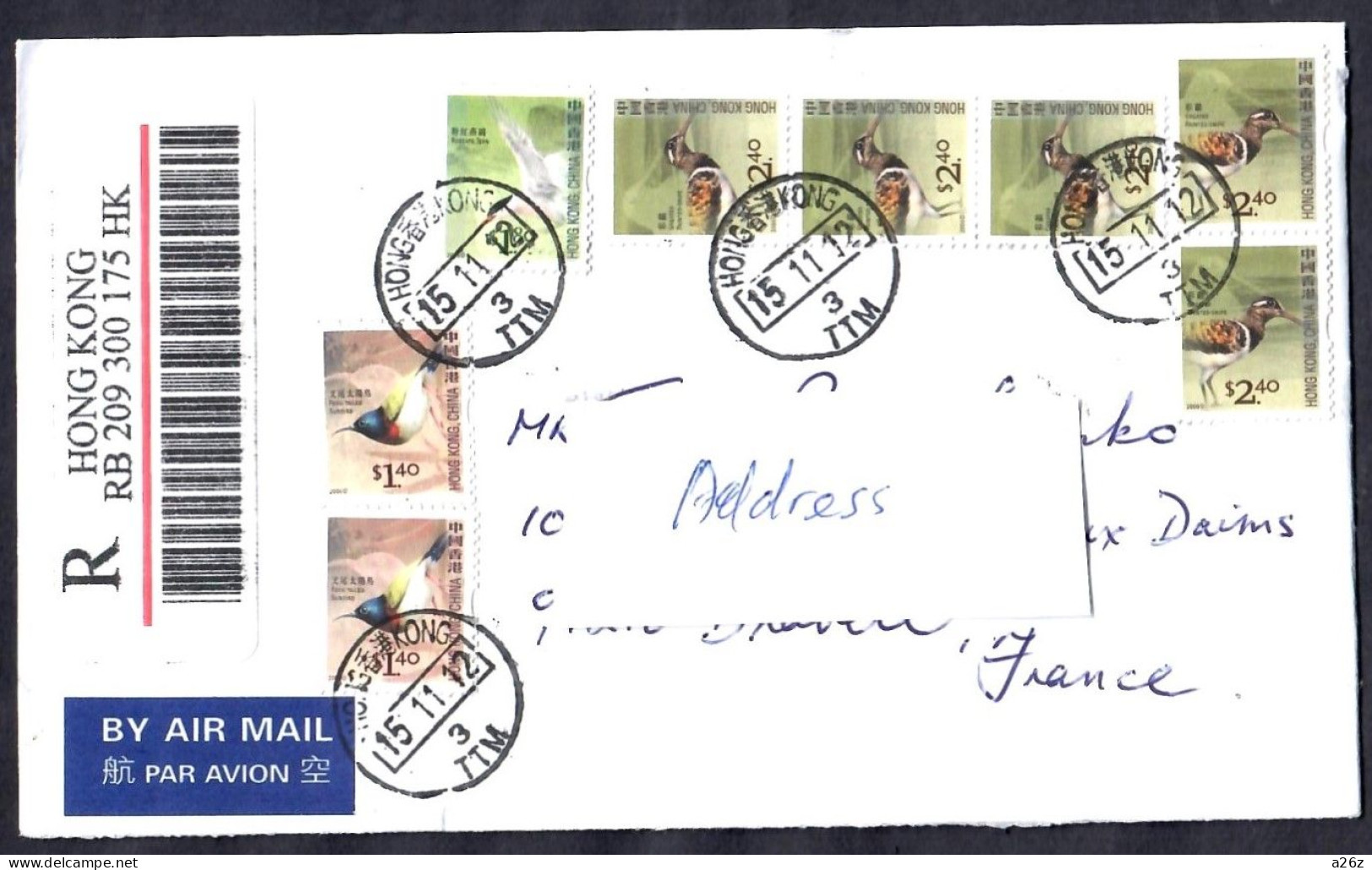 Hong Kong 2012 3 Types Of Coil Birds Register Cover To France - Covers & Documents