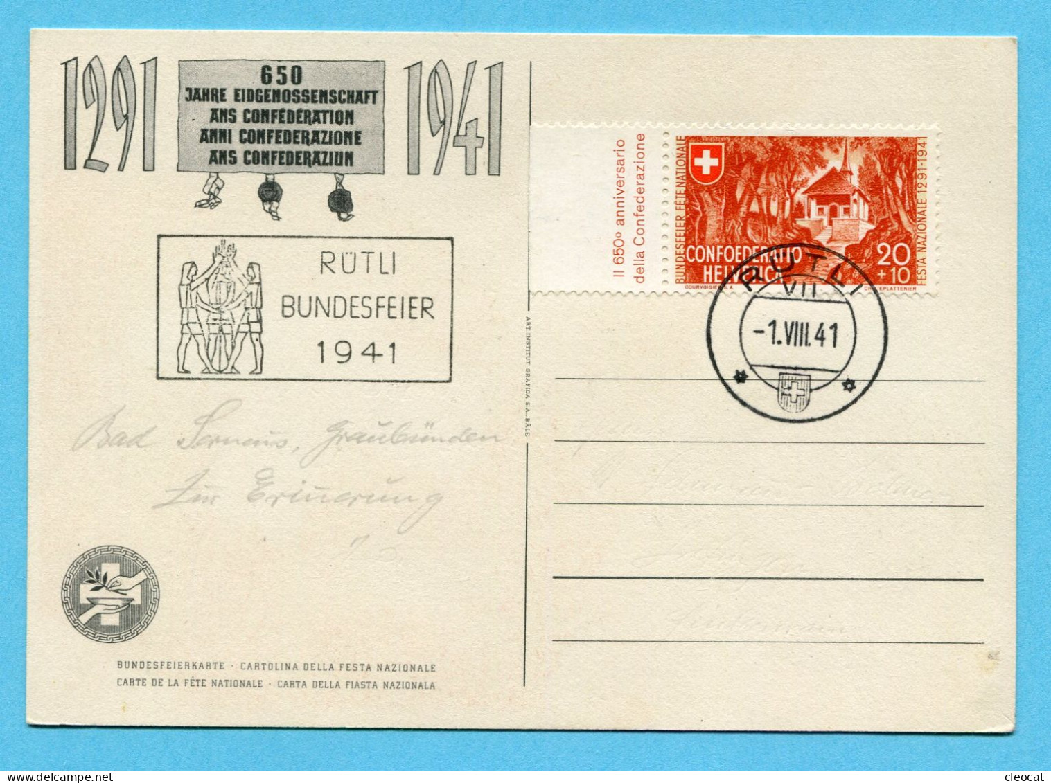 Bundesfeierkarte Nr. 72 AP R - Eidgenosse - Gestempelt Rütli Und Bundesfeier Rütli 1941 - Lettres & Documents