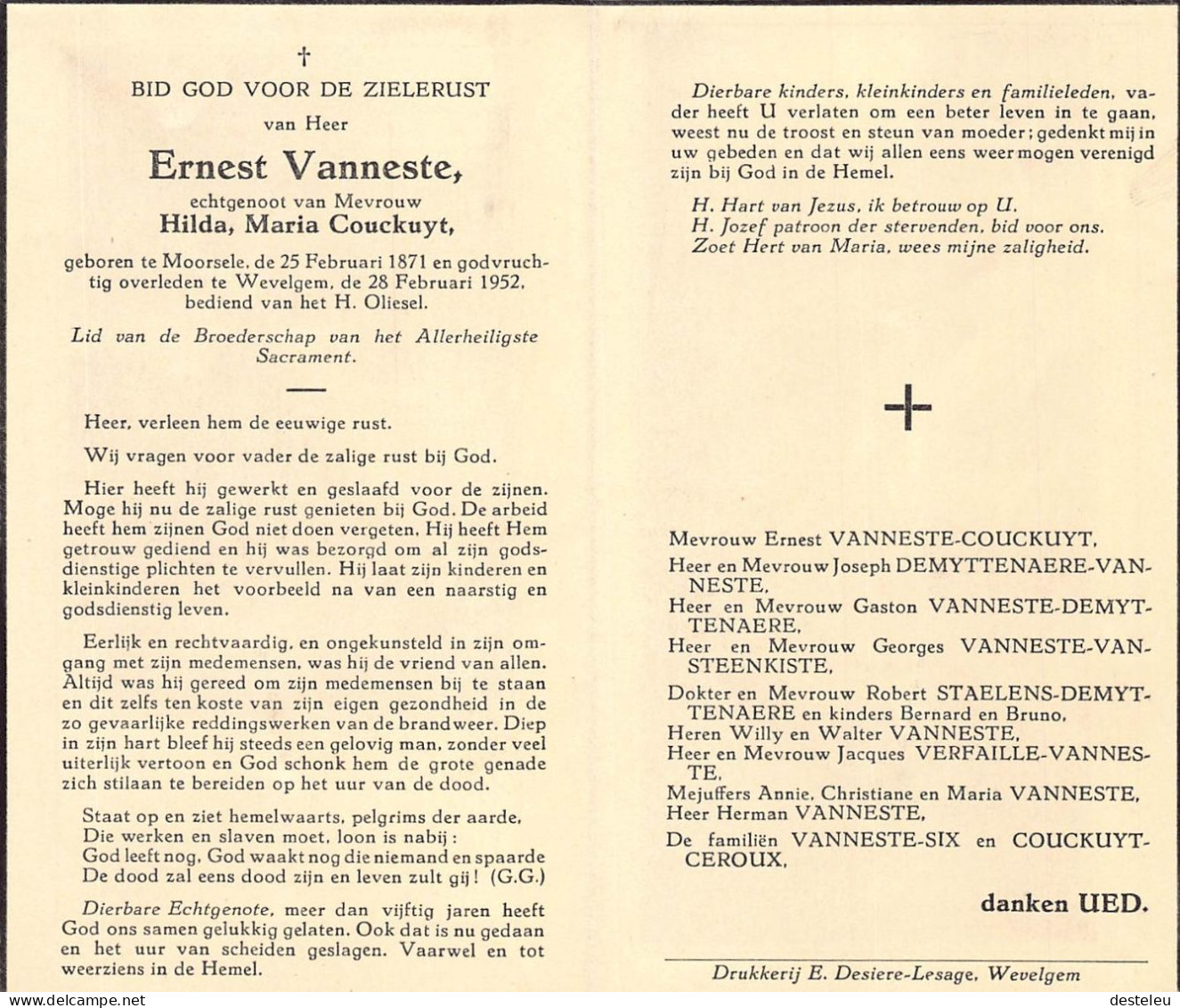 Doodsprentje / Image Mortuaire Ernest Vanneste - Couckuyt - Moorsele Wevelgem 1871-1952 - Décès