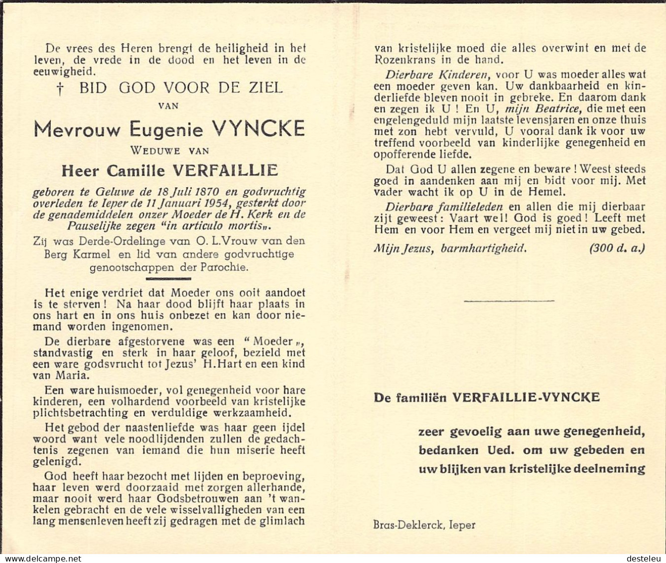 Doodsprentje / Image Mortuaire Eugenie Vyncke - Verfaillie - Geluwe Ieper 1870-1954 - Décès