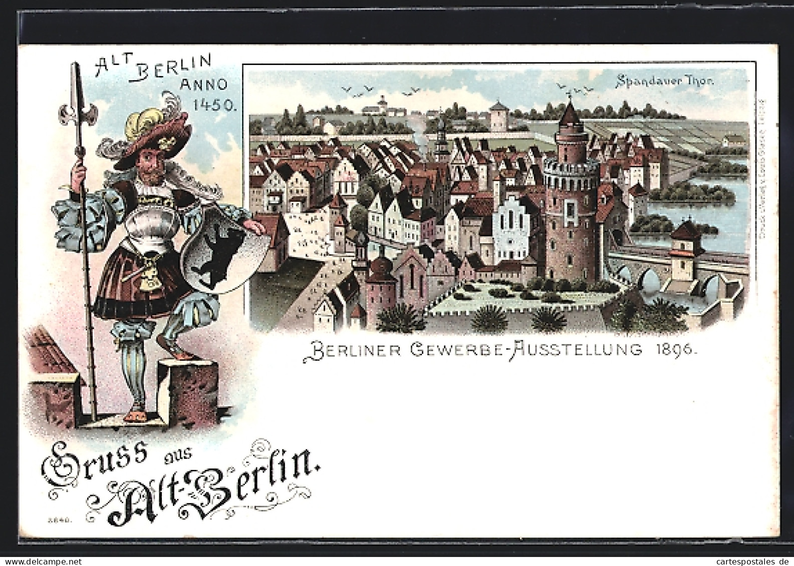 Lithographie Berlin, Berliner Gewerbe-Ausstellung 1896, Spandauer Tor, Wächter Mit Wappen  - Exposiciones