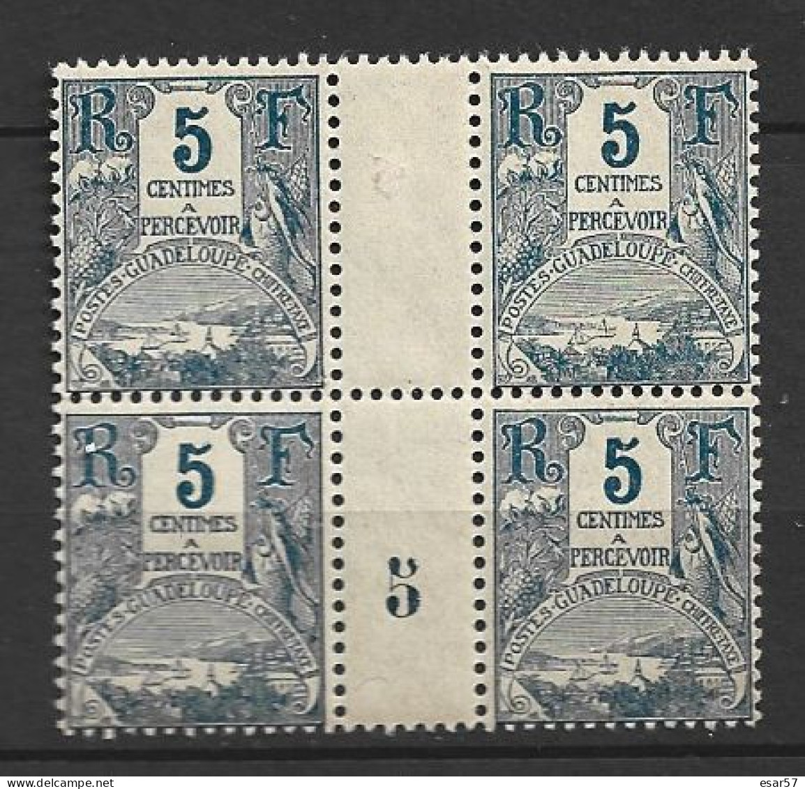 GUADELOUPE - MILLESIMES - TIMBRES-TAXE N°15  (1905) 5c Bleu Bloc De 4 - Neufs