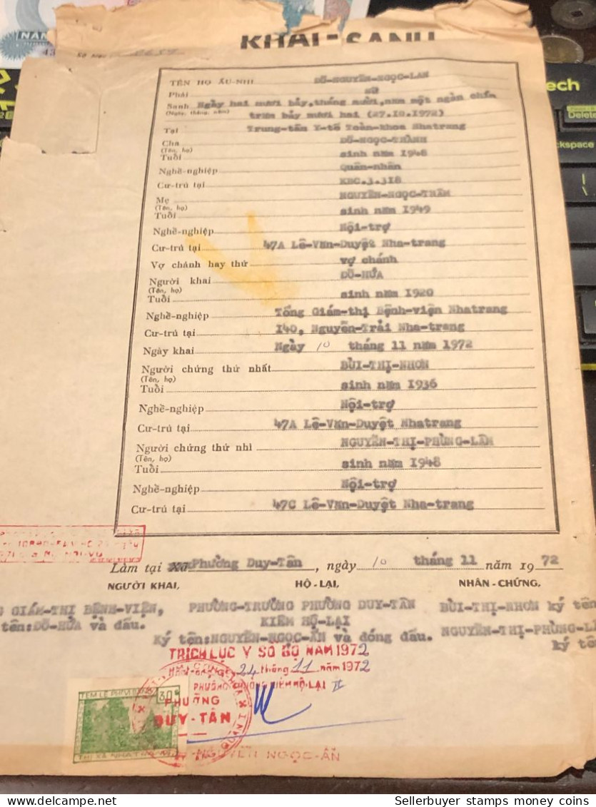 Viet Nam Suoth Old Documents That Have Children Authenticated(30$ Nha Tran 1972) PAPER Have Wedge QUALITY:GOOD 1-PCS Ver - Sammlungen