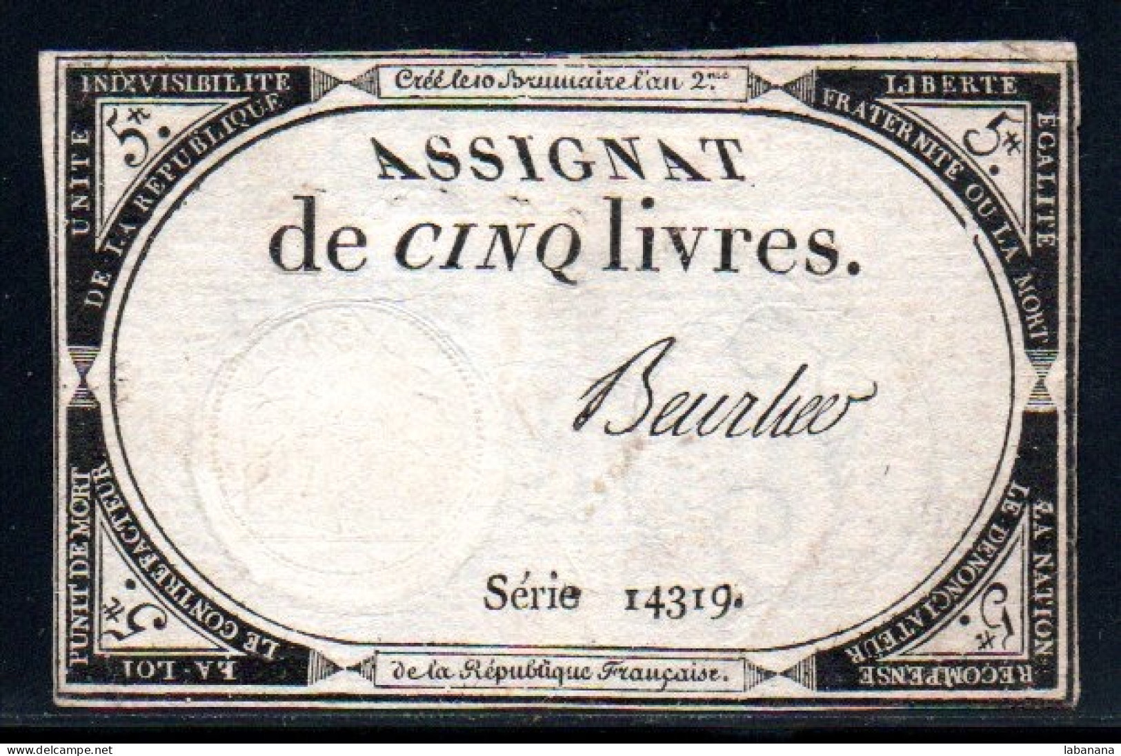 538-Assignat De 5 Livres E L'An 2 Beurlier Série 14319 - Assignate