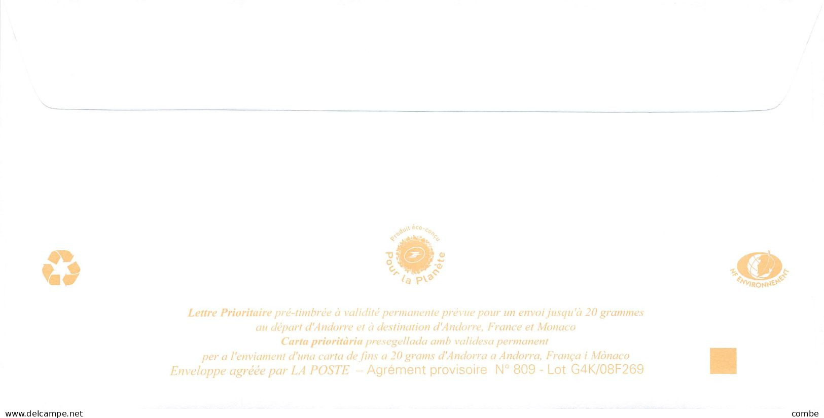 ANDORRA PAP Prêt à Poster. Lettre Prioritaire De 2008. PLATAN D'OR - Stamped Stationery & Prêts-à-poster