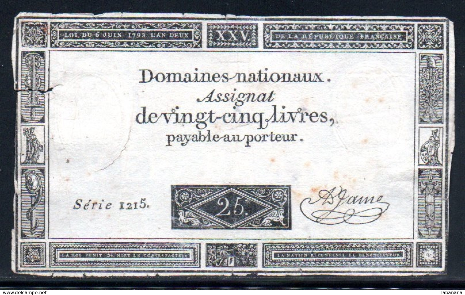 538-Assignat De 25 Livres 1793 Série 1215 - Assignats