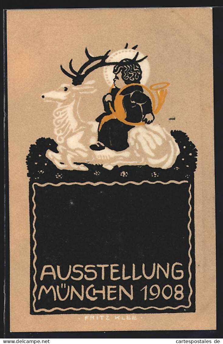 Künstler-AK München, Ausstellung 1908, Münchner Kindl Sitzt Auf Einem Hirsch  - Ausstellungen