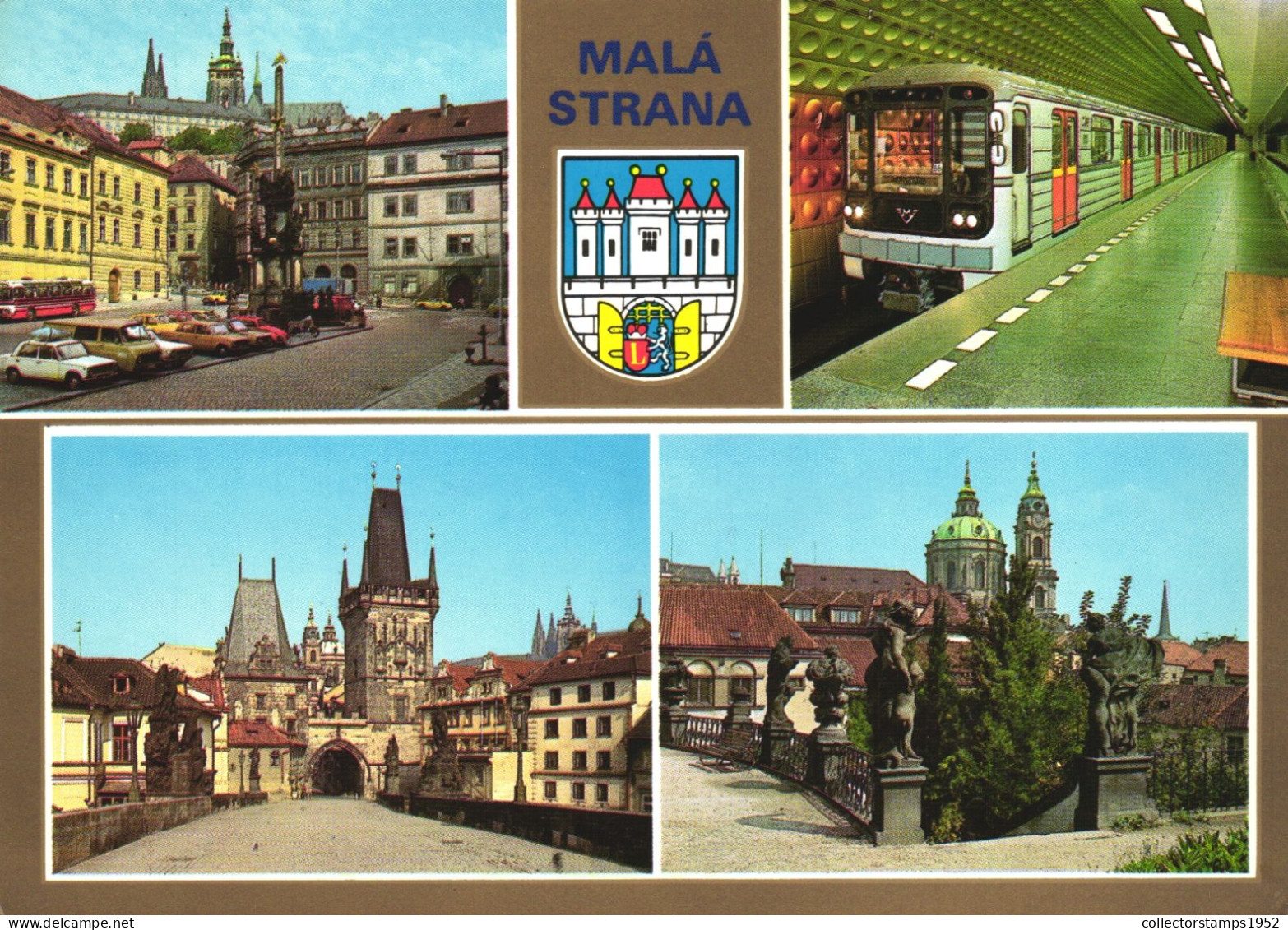 PRAGUE, MALA STRANA, ARCHITECTURE, CARS, EMBLEM, GATE, MULTIPLE VIEWS, STATUE, TOWER, METRO,BUS,CZECH REPUBLIC, POSTCARD - Tschechische Republik
