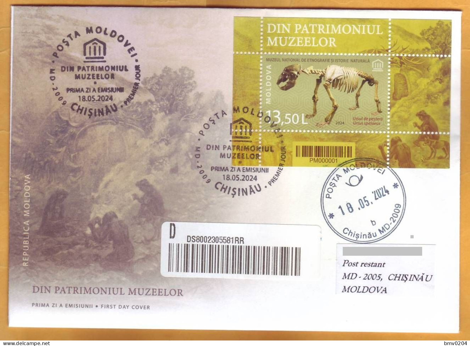 2024 Moldova FDC „From The Museums’ Patrimony” Fossils The Cave Bear (Ursus Spelaeus) (block) - Moldavie