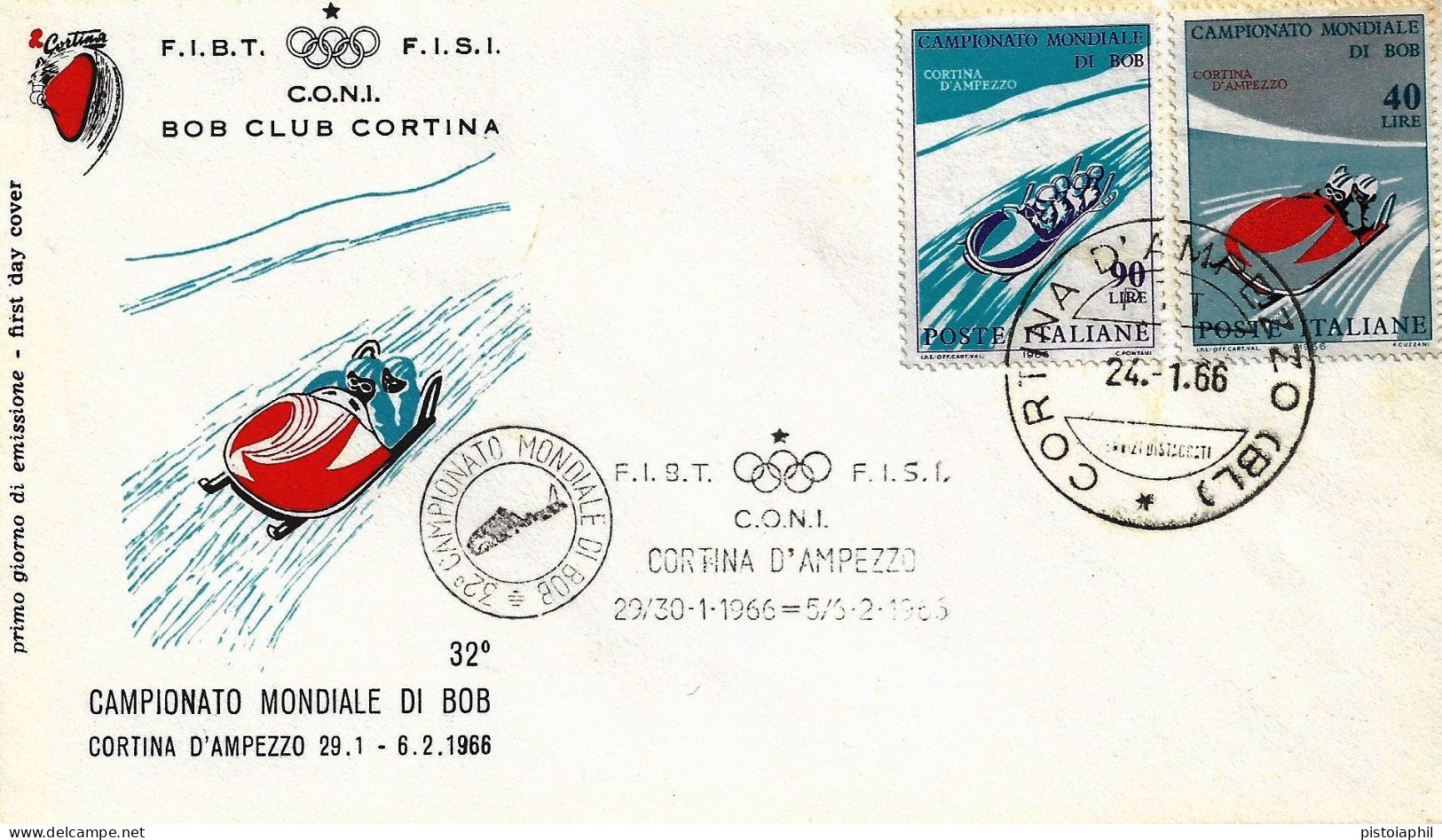 Fdc Filagrano: MONDIALI DI BOB (1966); No Viaggiata; Annullo Cortina E Timbro Manifestazione - FDC