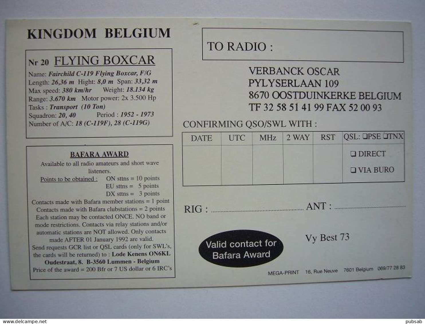 Avion / Airplane / BELGIAN AIR FORCE / Fairchild C-119 Flying Boxcar, F/G / Carte QSL - 1946-....: Modern Era