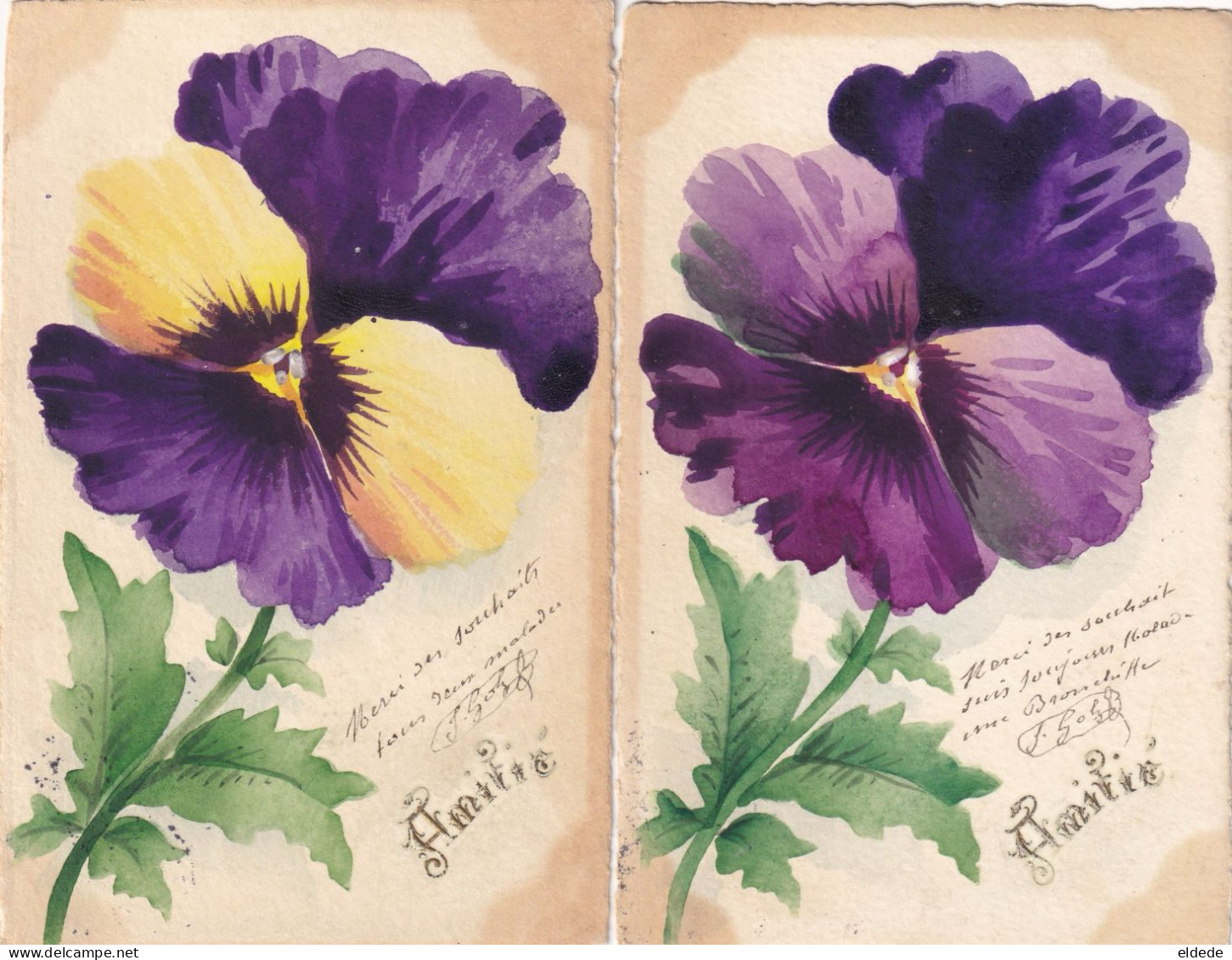 2 Cartes Pensée Peinte Main  J. Golz Doreur Hand Painted Pansy - Blumen