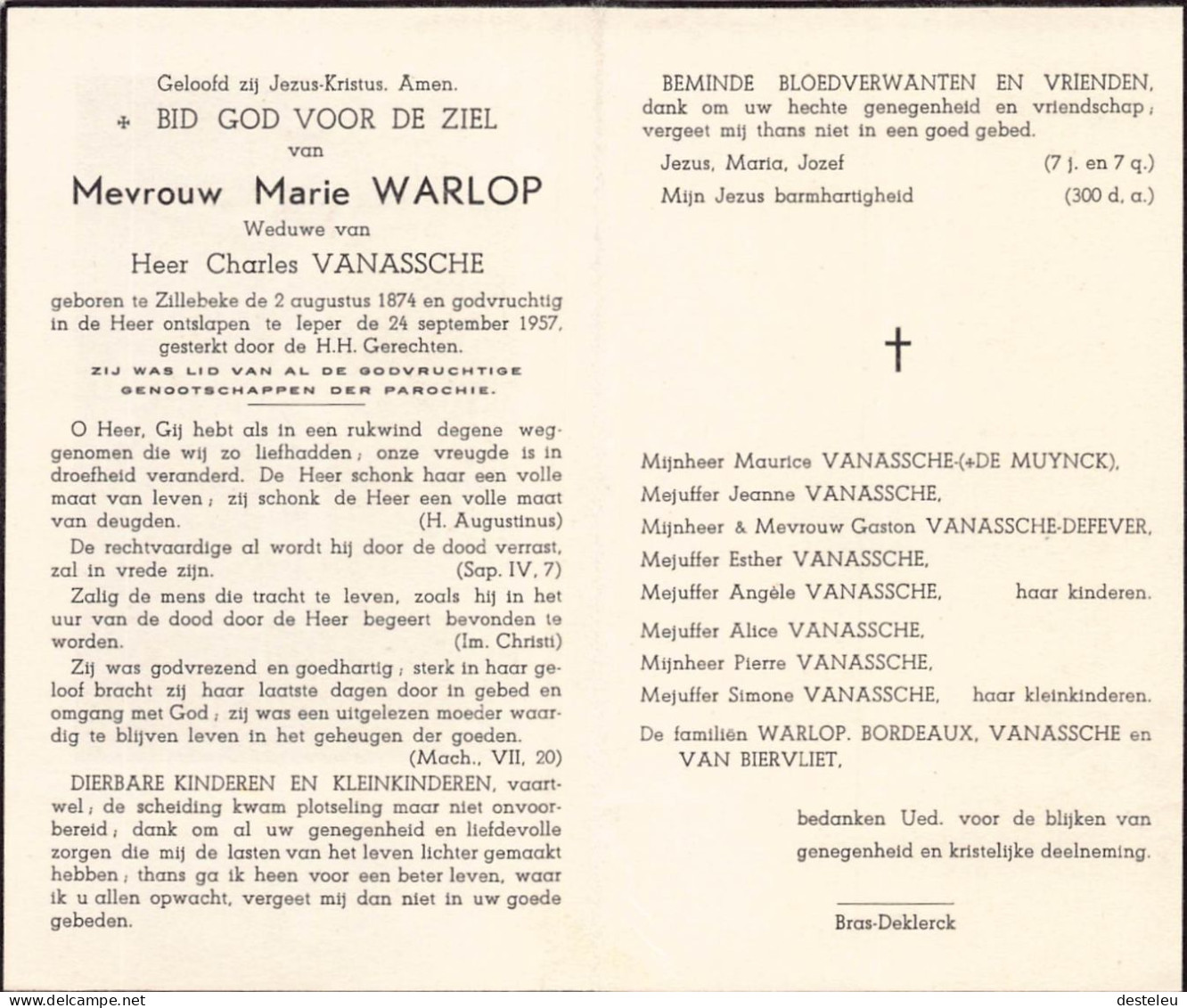 Doodsprentje / Image Mortuaire Marie Warlop - Vanassche - Zillebeke 1874-1957 - Overlijden
