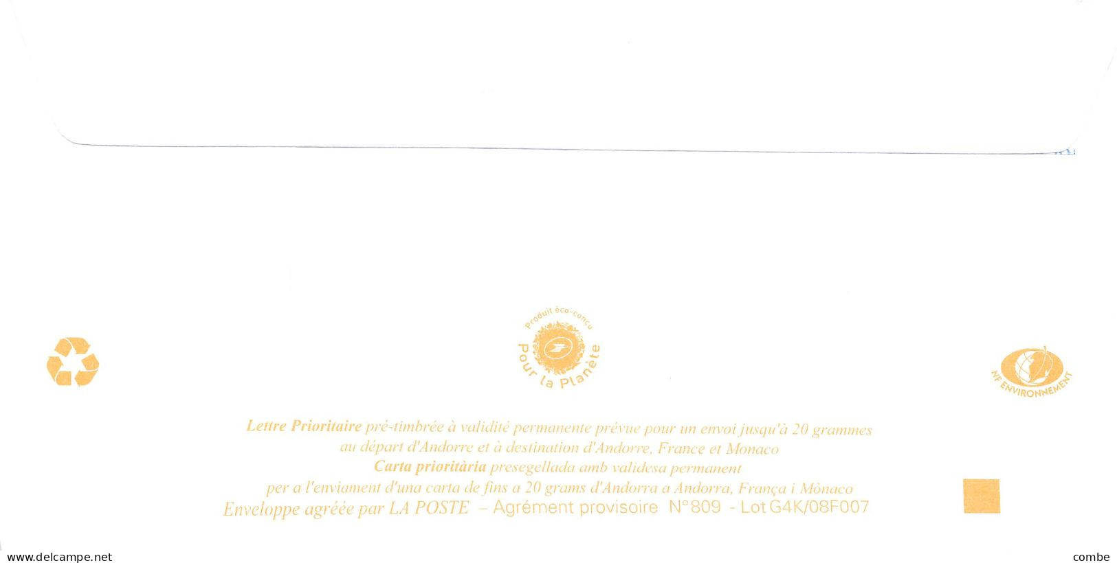 ANDORRA PAP Prêt à Poster. Lettre Prioritaire De 2008. FRONTERA BLANCA - Stamped Stationery & Prêts-à-poster