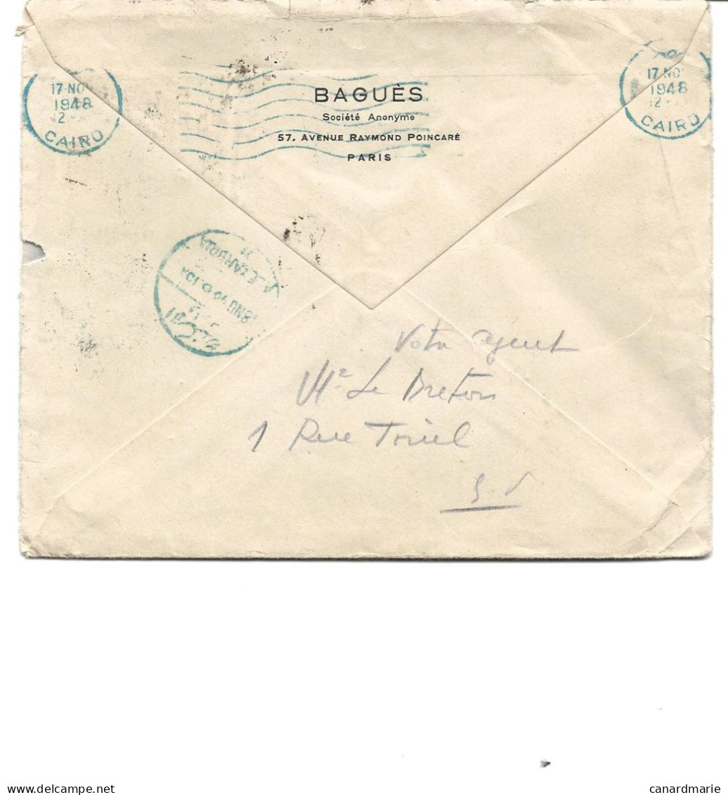LETTRE PAR AVION POUR L'EGYPTE 1948 AVEC 7 TIMBRES AU TYPE MARIANNE DE GANDON - Lettres & Documents