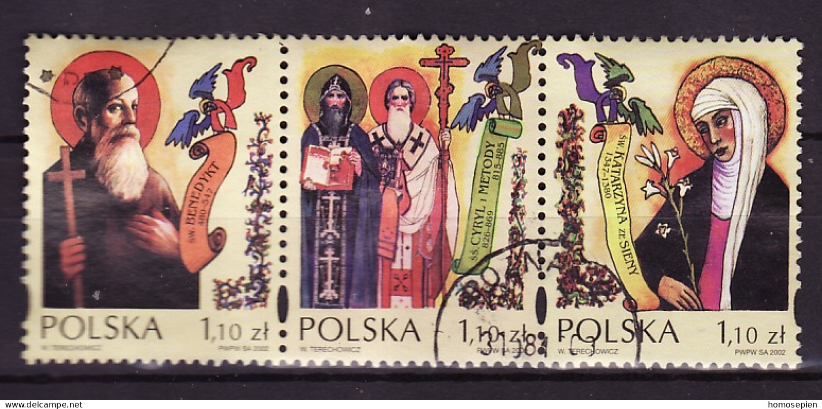 Pologne - Poland - Polen 2002 Y&T N°(1 à 3) - Michel N°4010 à 4012 (o) - Saints Européens - Extrait Se Tenant - Oblitérés