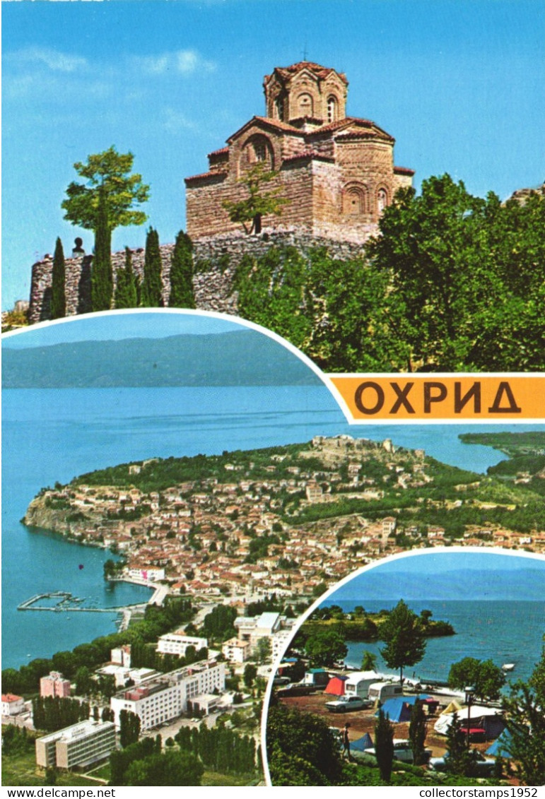 OHRID,  ARCHITECTURE, BOAT, CARS, CHURCH, MULTIPLE VIEWS, PORT, NORTH MACEDONIA, POSTCARD - Nordmazedonien