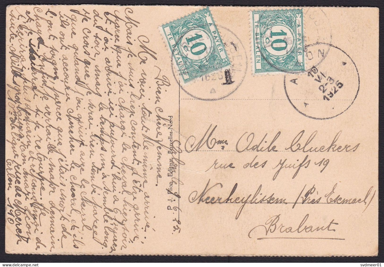 Belgium: Picture Postcard, 1925, No Stamp, 2 Postage Due Stamps, Taxed, To Pay, Card: Namur (traces Of Use) - Lettres & Documents