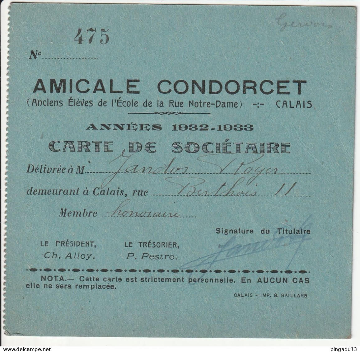 Calais Pas De Calais Carte Sociétaire Amicale Condorcet Années 1932-1933 - Membership Cards