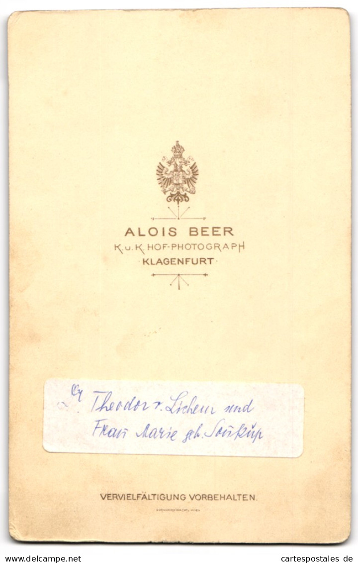 Fotografie Alois Beer, Klagenfurt, Dr. Theodor Lichem Und Seine Frau Marie In Sonntagsgarderobe  - Personnes Anonymes